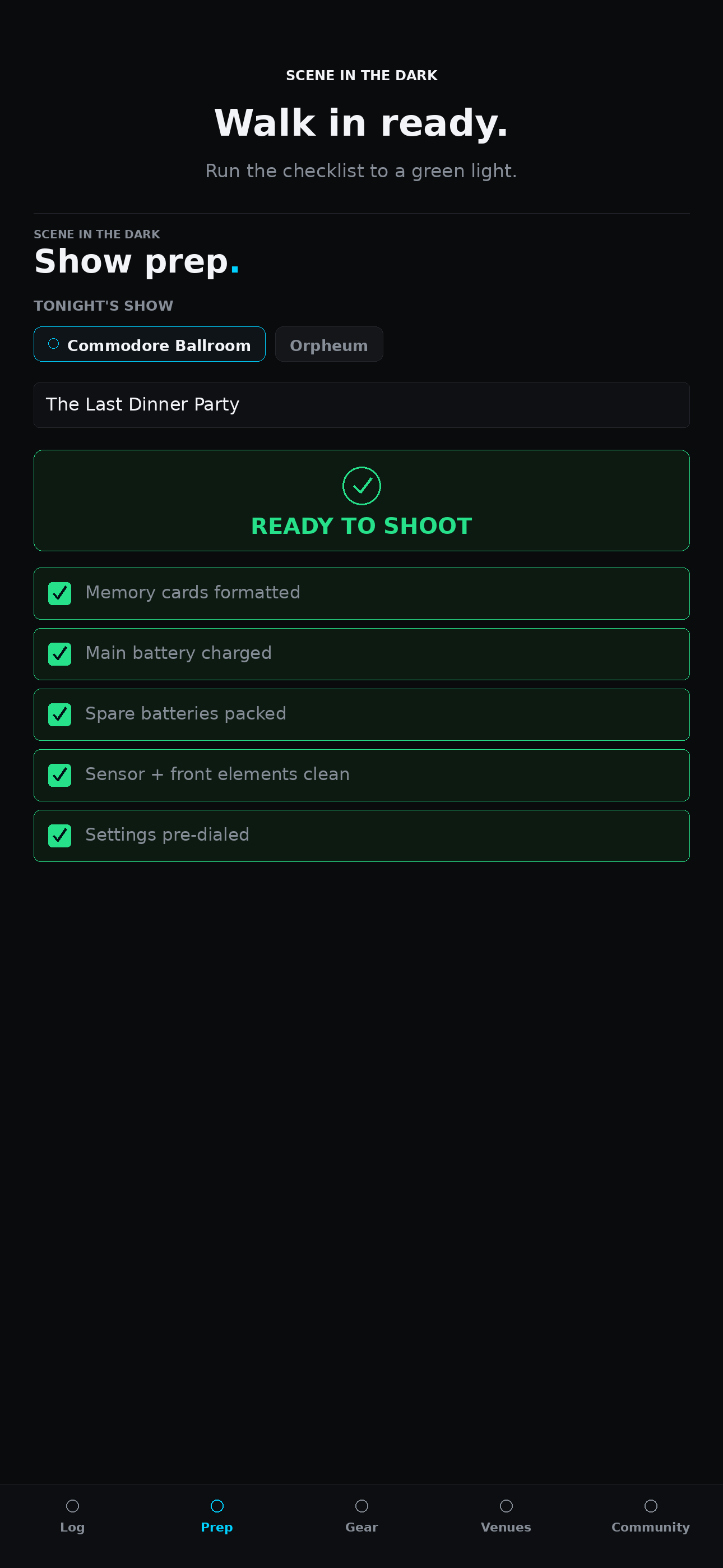 The pre-show checklist at a green ready-to-shoot light.